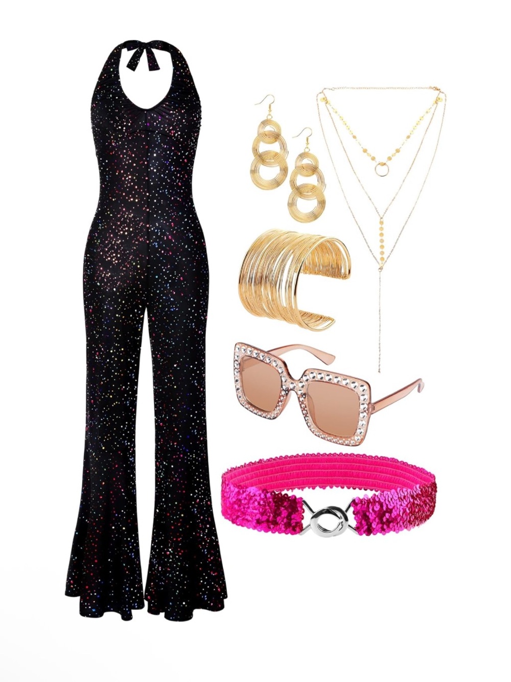 NWT Women’s M 70s Disco Flare Halter Jumpsuit with Multicolored Sparkles/Glitter